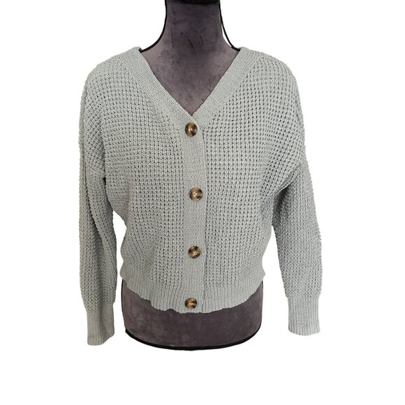 Moon & Madison Light Sage Green V-Neck Button-Up Knit Sweater Womens Size L - Picture 1 of 6